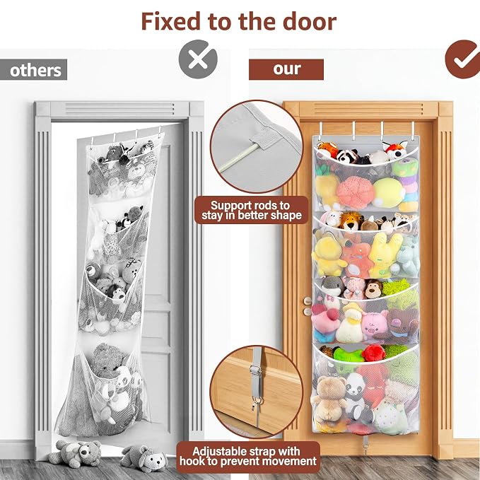 Over Door Stuffed Animal Storage, Hanging Plush Toy Organizer Holder | Behind Door Organizer with 4 Large Pockets, Mesh Hammock Bag for Doll & Bear Stuffies, Idea for Girl Boy Kid Nursery Closet