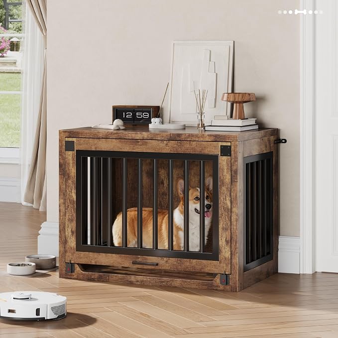 30" Small Dog Crate Furniture, Wooden Dog Kennel for Dogs up to 30 lbs, Heavy Duty Indoor Dog Cage with Hidden Sliding Door, Secure Safety Lock and Quiet Pads, Rustic Brown
