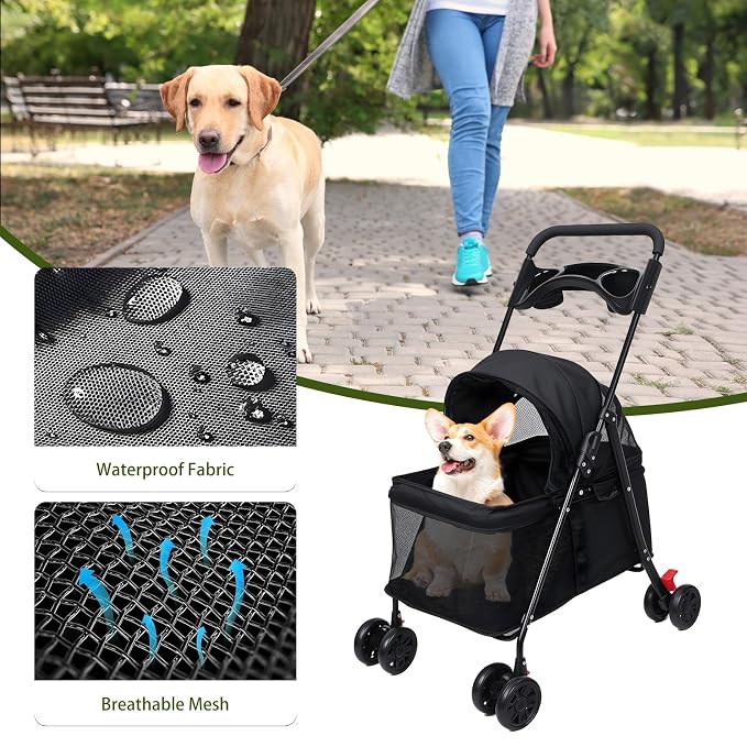 4‑Wheel Foldable Pet Stroller, Travel Strolling Cart for Small & Medium Dog | Breathable Visible Mesh Window, Cup Holder & Storage Basket, Rear Wheel Dual Brake, Portable Folding Design Black