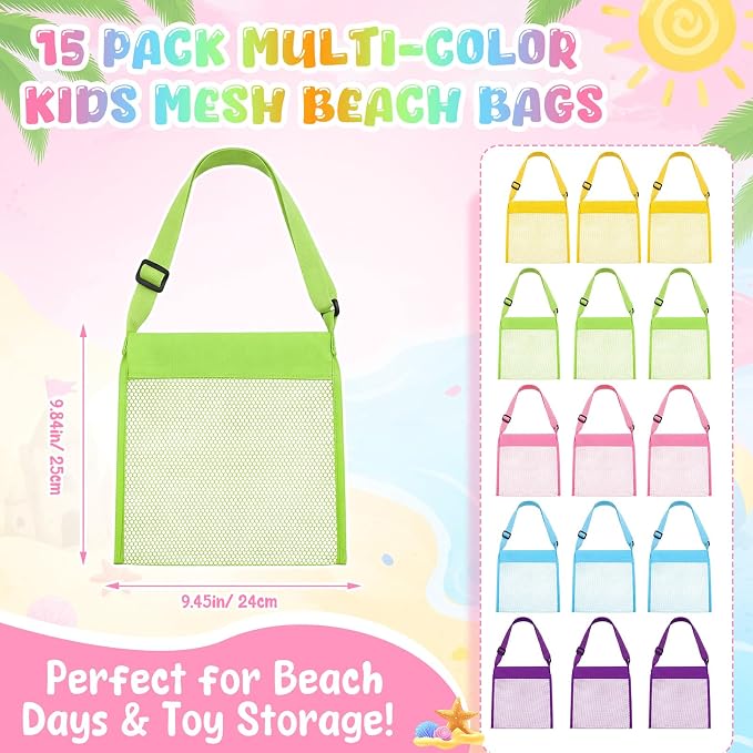 Frienda 15 Pack Mesh Beach Tote Bag | Seashell Bags, Bag Organizer Toys for Holding Beach Children' Toys Market Picnic