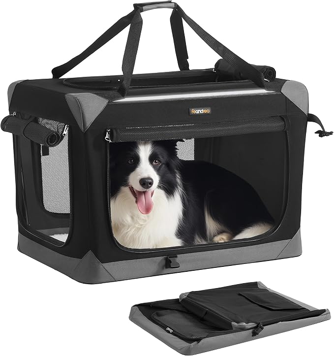 Feandrea Collapsible Dog Crate, Portable Oxford Fabric Pet Travel Crate with 4 Mesh Doors, Handles, Pocket, 30 Inches, for Medium Dogs, Ink Black and Dove Gray UPDC027BH01