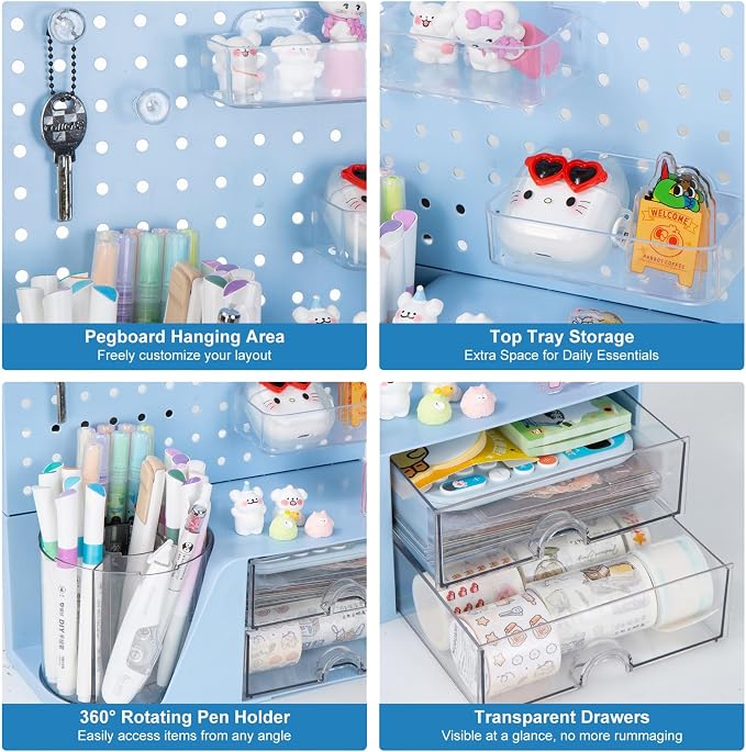 Comix Desk Organizer with 2 Drawer, Blue 360° Rotating Pen Holder for Desk | Desk Organizers and Accessories with 5 Slots Pencil Holder+Pegboard+Drawer, Pen Organizer for Home School Art Office Supplies