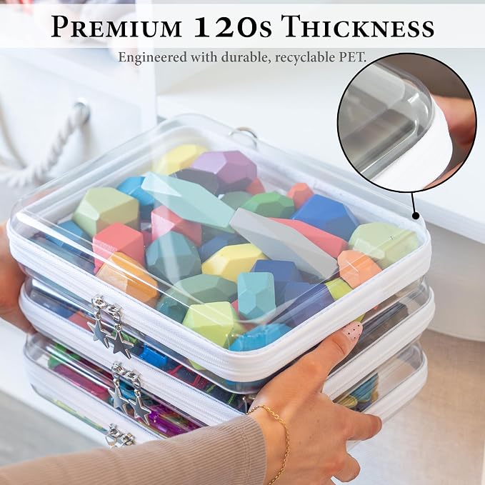 Clear Hard Shell Zipper Case Set (3 Medium), 120s Thick PET Plastic Storage Bags, Dual Zipper Travel Organizer with Star Charms, Removable Strap, Removable Labels & 2 Markers