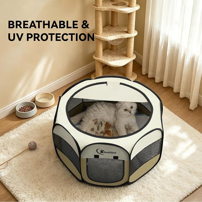 Siedihit Dog Cat Playpen, Small Puppy Pet Playpen, Dog Crate Tent Cage | Indoor/Outdoor, Portable Pop Up Dogs Kennel Playpen with Carrying Case for Dogs/Cats/Rabbits(Khaki, Small )