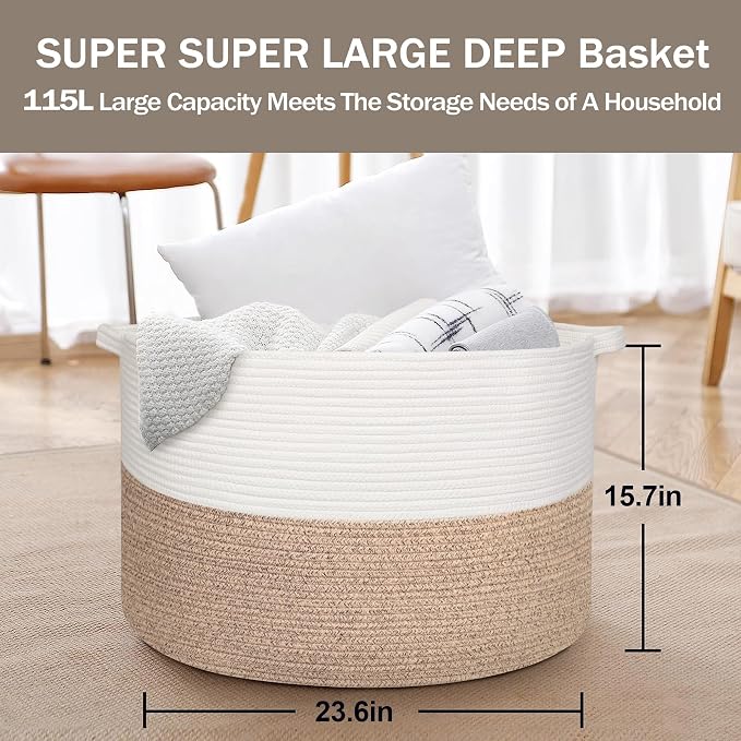 MEGASKET 115L Super Large Blanket Basket, 23.6"x15.7" Oversized Cotton Rope Woven Basket for Toys, Towels, Shoes, Laundry, XXXL Jumbo Storage Bin for Blankets for Living Room, Toy Organizer, Brown