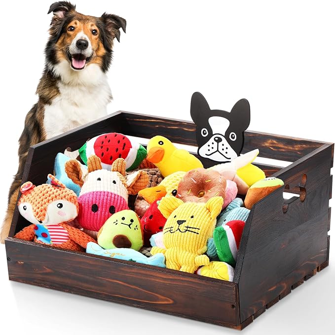 Briwooody Dog Toy Bin, 17.5 Inch Large Wooden Puppy Toy Storage Basket with Handle and Dog Head Tags Durable Pet Doll Box Puppy Stuff Organization Chest for Leash, Food, Accessories