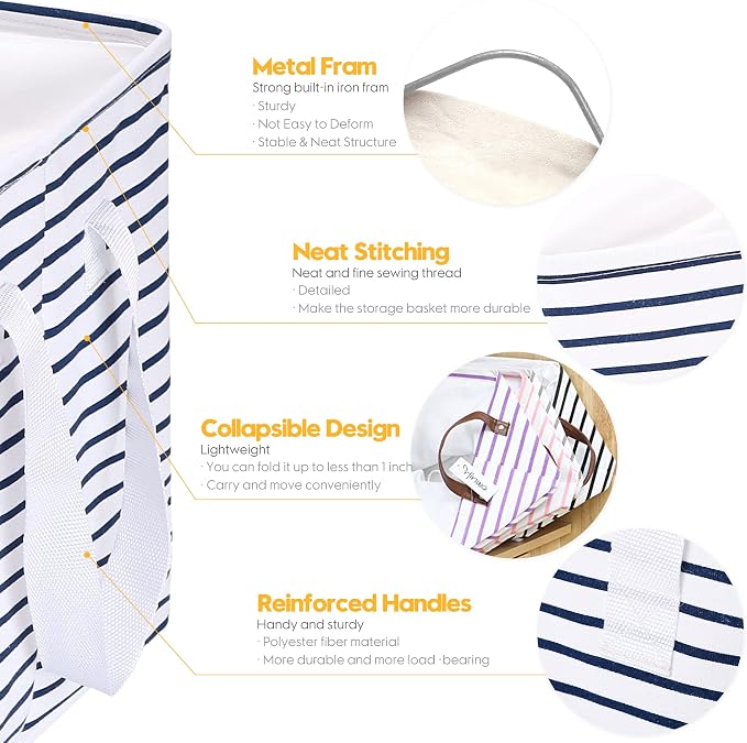 Hinwo 102L XXL Canvas Storage Bin with Lid and Handles, 4-Pack | Collapsible Fabric Baskets, Closet Shelf Organizers, Containers for Clothing, Blankets, Toys, Bedding (Navy Stripe)