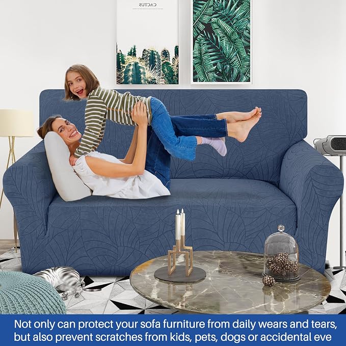 YEMYHOM Couch Cover Latest Jacquard Design High Stretch Sofa Covers for 2 Cushion Couch, Pet Dog Cat Proof Loveseat Slipcover Non Slip Elastic Furniture Protector (Medium, Begonia Leaf Navy)