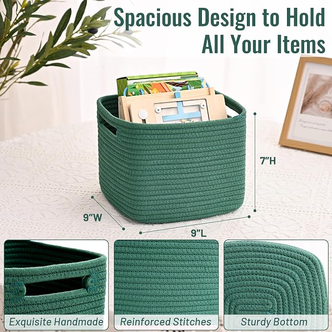 3 Pack Cube Storage Bin, 9”x9”x7” Cotton Rope Woven Baskets for Organizing Toys Clothes Towels, Square Gift Storage Baskets for Shelves, Nursery, Closet, Bathroom, Pantry (Green)