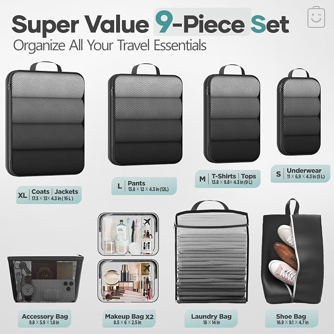 Veken 9/11 Set Compression Packing Cubes Garment Bags for Travel Essentials,Compressible Expandable Luggage Organizer Bags for Clothing,Space Saver Bags with Over 1000 pcs of Mesh Holes(Black)