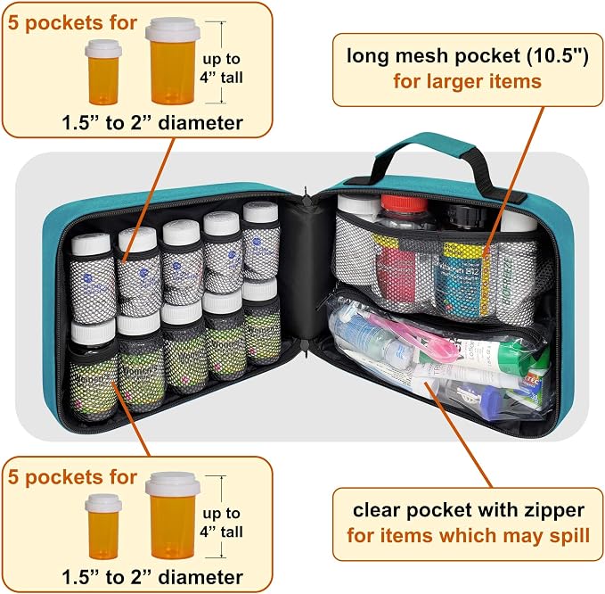 Large Pill Bottle Organizer & Medicine Bag for Travel, Turquoise | Prescription bottle organizer with 10 bottle pockets and padded storage for medication bottles, supplements, vitamins