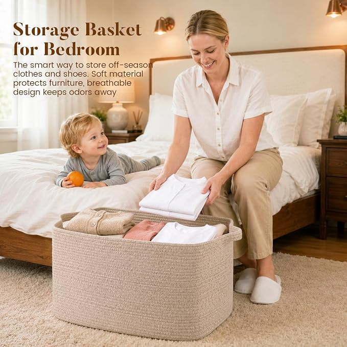 65L Large Woven Blanket Basket for Living Room, 19.7"x15.7"x11.8" | Nursery Laundry Hamper with Handle for Organizing Blankets, Pillows, Toy Storage With Handle, Large Baskets for Organizing