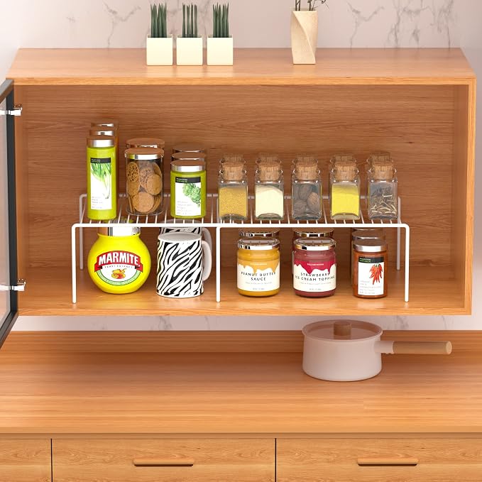 Kitchen Cabinet Expandable Shelf Organizers Set of 2, Adjustable Metal Wire Pantry Storage Shelves, Plate Dish Organizer Rack for Cabinets, Cupboard, Counter, Freezer, Countertop, White