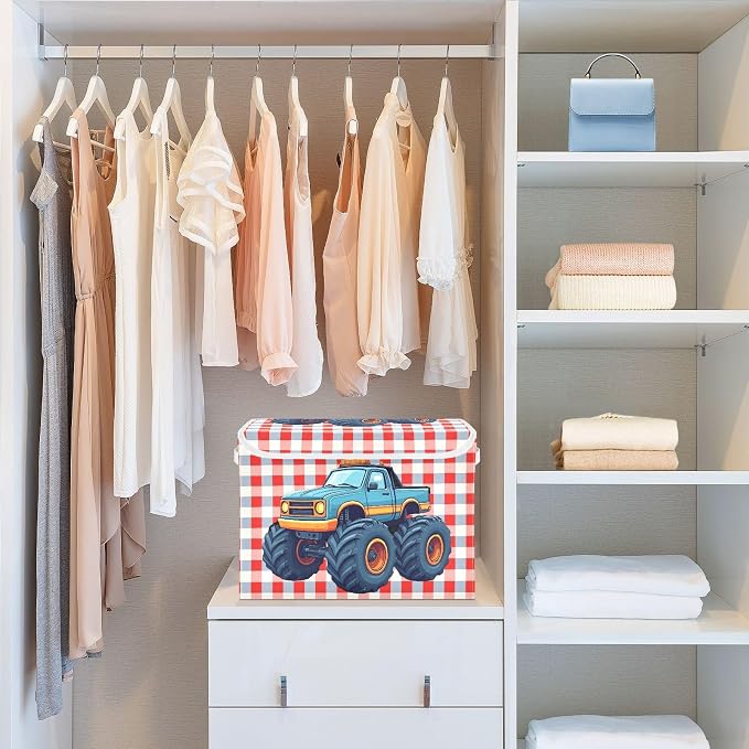 Cartoon Truck Fabric Storage Bins with Lid Closet Storage Basket 40L | Decorative Storage Boxes, Dust-Proof Flip Top, Reinforced Handles, For Home & Bedroom, Clothes & Toy Box, Cartoon Print