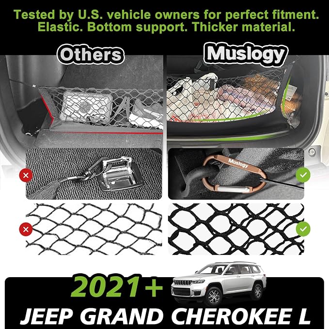 Muslogy Cargo Net for 2021-2025 2026 Jeep Grand Cherokee L (3-Row GCL) | Custom Fit, Trunk Storage Organizer Net for SUV Sedan Van Divider, with Heavy Duty Carabiners, Night Visible Grab Handle
