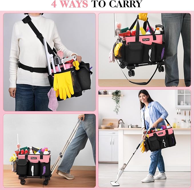 Chyaidach Rolling Cleaning Caddy, Cleaning Supplies Organizer with Trolley, Wearable Cleaning Tote Bag on Wheels with Hard Bottom, Cleaning Carts for Housekeepers/Home/Car/Office/Picnic (Pink)