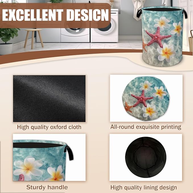 Coastal Starfish Laundry Hamper,Plumeria Flowers Laundry Baskets,Waterproof Oxford Cloth Toy Storage for Bedroom,Bathroom,Nursery,16x20.8 Inch