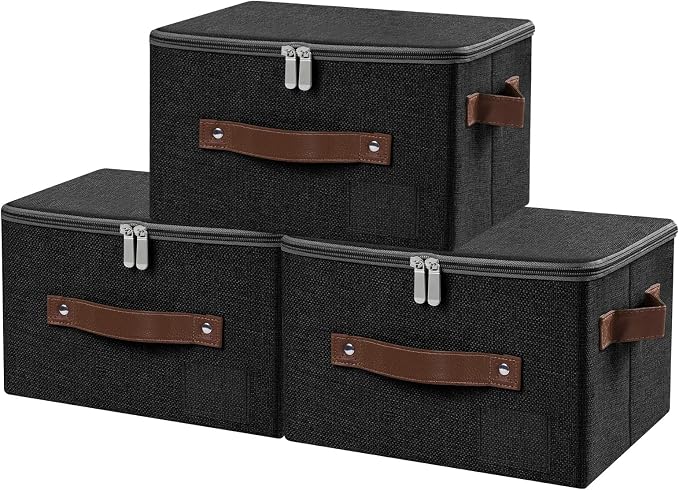 ANMINY Small Storage Box Fabric Bins with Zipper Lid, 10"x8"x7" Black 3PCS | Keepsake Box, Decorative, Cotton Linen, Reinforced PP Board Frame, Washable, Stackable & Foldable, Label Holder & PU Handles