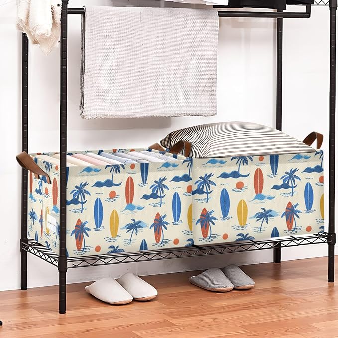 Hawaii Palm Tree and Retro Surfboard Storage Basket Foldable Cube Storage Bins with Handles&Label Collapsible Organizer Box Bin Large Rectangle Decorative Baskets for Shelves Home Room Laundry-2 Pack