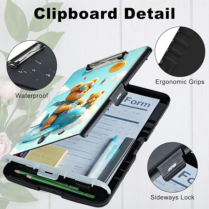 A4 Clipboard with Storage Pen Holder, Clipboards Organizer Nursing Clipboard Foldable File Folder Plastic Clipboard Folio Clip Board for Office Work Classroom Doctor, Airplane Bear