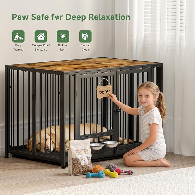 43.3" Heavy Duty Large Dog Crate with Wheels & Feeding Bowls, 3 in 1 Foldable Extra Large Dog Kennel & Playpen, Indestructible Escape Proof Metal Dog Cage for Large Dogs, Indoor Outdoor, Rustic Brown