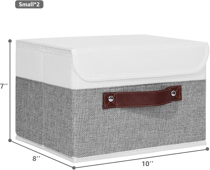 ANMINY Fabric Storage Box Bins with Lids, Gray White, 10"x8"x7", 2 Pack | Keepsake Memory Storage, Cotton Linen, PP Board Reinforced, Washable, PU Handles, Foldable & Stackable, Decorative, Small