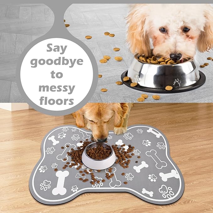 Dog Cat Food Mat,Rapid Absorbent Pet Feeding Mat, Bone Shaped Dog Placemat Water Bowl Mat with Rubber Backing,No Stains Dog Cat Food Mats Indoor, Pet Accessories Supplies 17" X 29" Grey