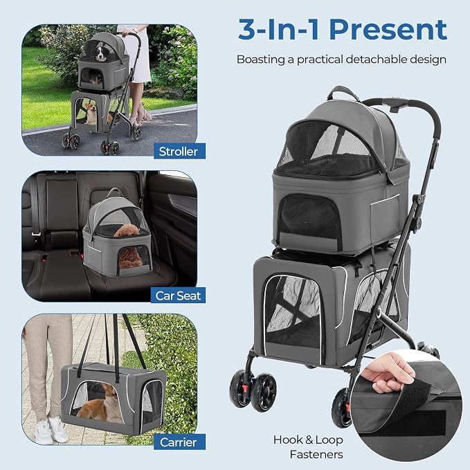 Giantex Double Dog Stroller for 2 Dogs, Detachable Carriers, Safety Belt, 4 Lockable Wheels, Pet Travel Carrier Strolling Cart, Folding Cat Stroller for Small Medium Pets Dogs (Gray)