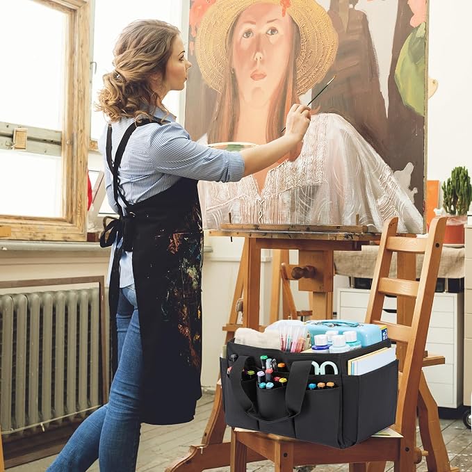 Craft Organizer Tote Bag, Art Storage Caddy with Multiple Pockets | Art Supplies Storage, Sewing Bag, Scrapbooking for School, Home and Office (Black)