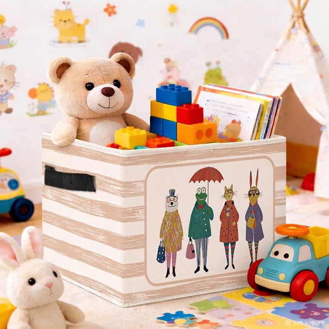 Animal Storage Bin, Foldable Fabric Basket for Kids Room Nursery | Foldable fabric storage bin with rainy day animal design for toys, books, clothes, nursery, bedroom, and playroom use.
