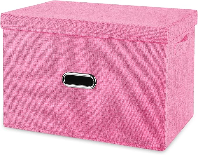 Large Linen Fabric Foldable Storage Bins with Removable Lid and Handles, Washable Storage Box Organizer Containers Baskets Cube with Cover for Bedroom,Office(Pink, Small)