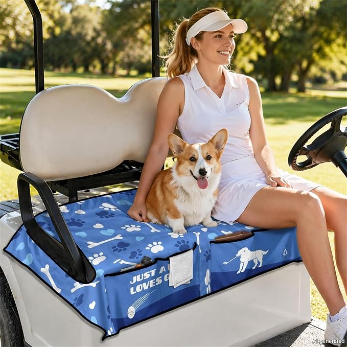 Dog Paw Golf Cart Seat Covers, Universal Golf Accessories with Pockets, Non Slip Towel Blank for Club Car
