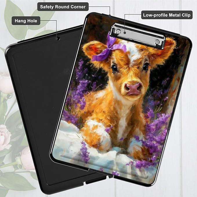 Heavy Duty Storage Clipboard, Slim Nursing Clipboard with Internal Pen Case, Portable File Organizer Case for A4 Letter Size Paper Office Medical Professionals, Lavender Cow