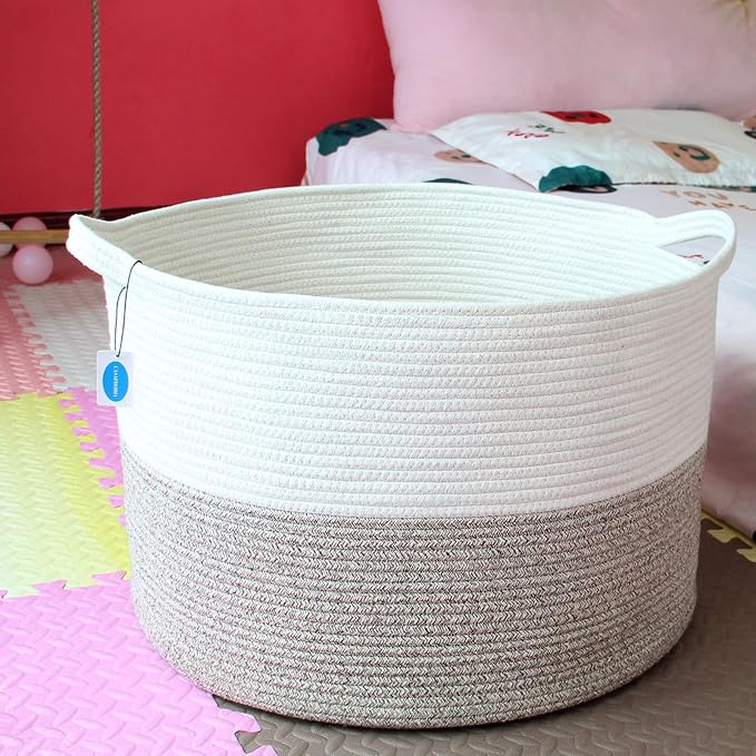Casaphoria XXL Cotton Rope Basket - 21.7" x 21.7" x 13.8" Woven Laundry Hamper with Handle