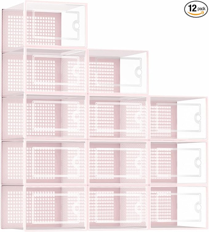 Kuject Shoe Organizers Storage Boxes for Closet, 12 Pack Clear Plastic Stackable Storage Bins with Lids, Under Bed Shoe Containers for Entryway, Drop Front, Fit up to Women's Size 10,Pink | Shoe organizers for closet & entryway, under-bed,Drop-front de...