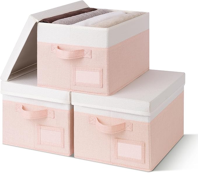 GRANNY SAYS Storage Bins with Lids, Decorative Storage Boxes with Lids | Storage Box with Dust Cover, Handles & Lable, Collapsible, Ideal for Closet Clothes Blanket Toys, Medium, White&Pink, 3-Pack