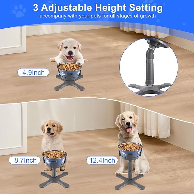 Dog Bowls,Elevated Adjustable Dog Bowl Stand with 3 Heights & Tilted Feeding Design, Raised Stand Compatible with Medium & Large Breeds(2 Pack) Grey