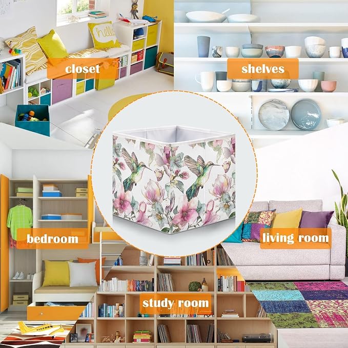 Hummingbird Cube Storage Bins Watercolor Floral Collapsible | Fabric Storage Baskets Large Clothes Organizer Box for Bedroom Living Room Study Room 11×11×11 In