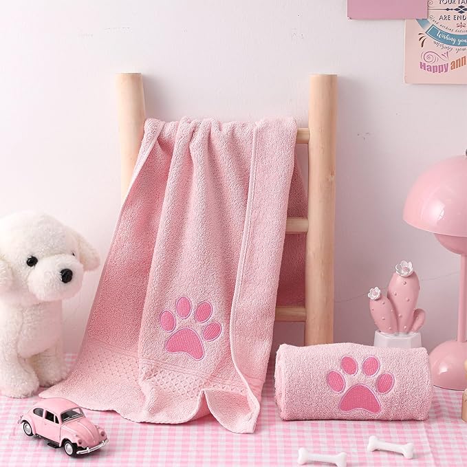 SmoothNovelty 2 Pcs Dog Paw Hand Towels Pink Bathroom Decor 13 x 29 Inch 100% Cotton Embroidered Soft Hand Towels Absorbent Farmhouse for Kitchen Restroom
