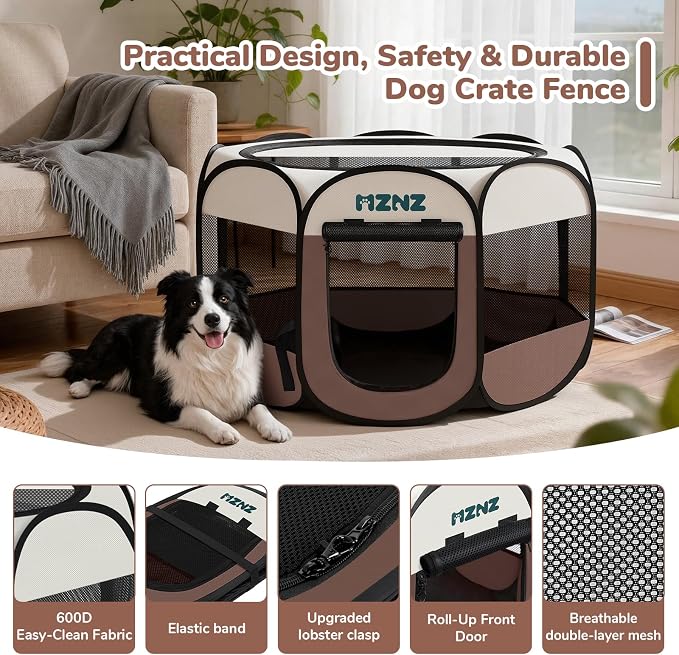 Dog Cat Small Animal Puppy Playpen Crate, Large, Brown | Portable Pop Up Pet Cage Enclosure Tent Kennel Indoor Outdoor with Carrying Case, No Assembly, Camping Use