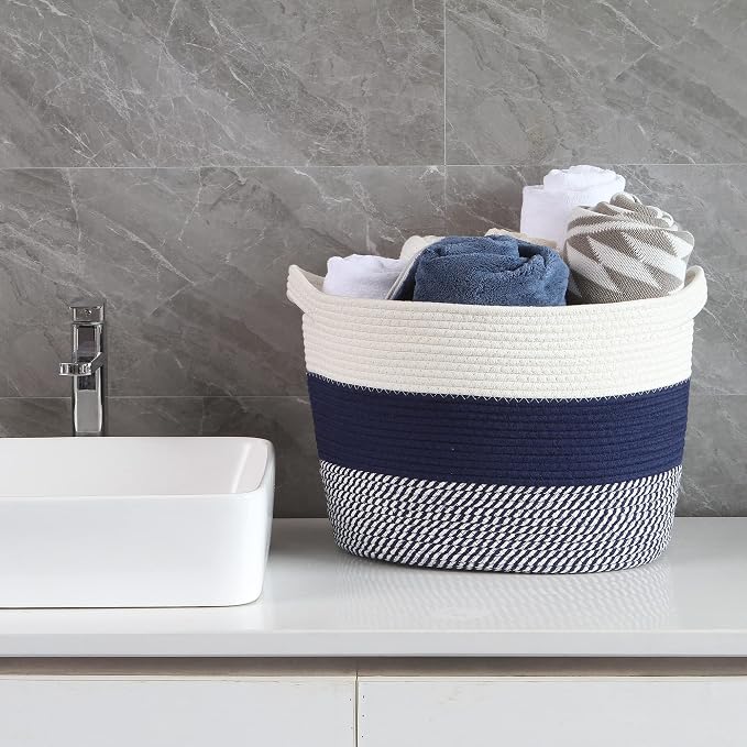 Sea Team Large Woven Cotton Rope Laundry Basket with Handles, 16 x 13 in | Collapsible Knitted Hamper, Closet Shelf Organizers, Containers for Clothing, Blankets, Toys, Bedding, Mottled Navy