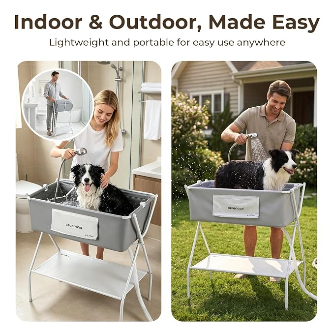 Dog Bathtub Dog Washing Station with Scrubber for Medium Dogs 135lbs or Two Small Pets, B4 Plus Foldable Dog Tub for Bathing and Grooming, Portable Collapsible Dog Shower Tub