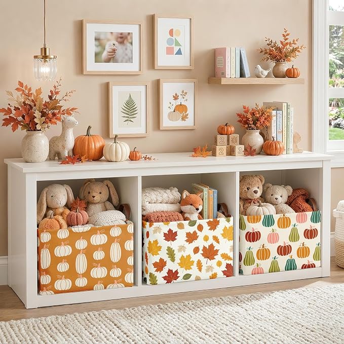 Britimes Fall Pumpkin Storage Baskets for Gift, Toy Storage Bins Box, 3Pcs | Autumn Harvest Canvas Collapsible Baskets Organizer with Handles Fall Nursery Decor Laundry Basket for Shelves Closet