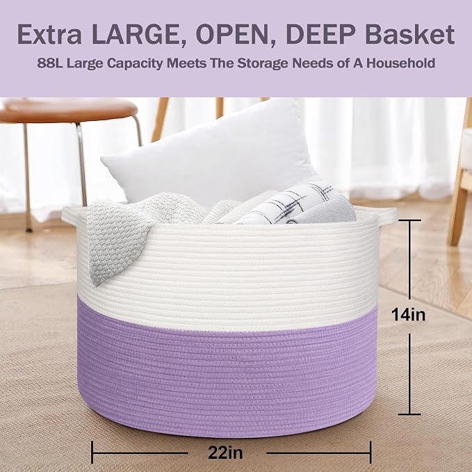 MEGASKET Large Purple Rope Storage Basket, 22x14 Inches Wicker Woven Baskets for Storage, Baby Laundry Hamper, Towel Blanket Toy Bin Organizer, Purple Living Room Decor, Big Basket for Gifts Empty