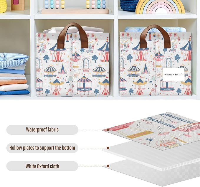 Dreamland Amusement Park Baby Storage Basket with Labels&Handles Rectangular Waterproof Nursery Storage Bins Collapsible Shelf Organizer Baskets for Kids Books Cloth Gift Toys Laundry, 2 Pack