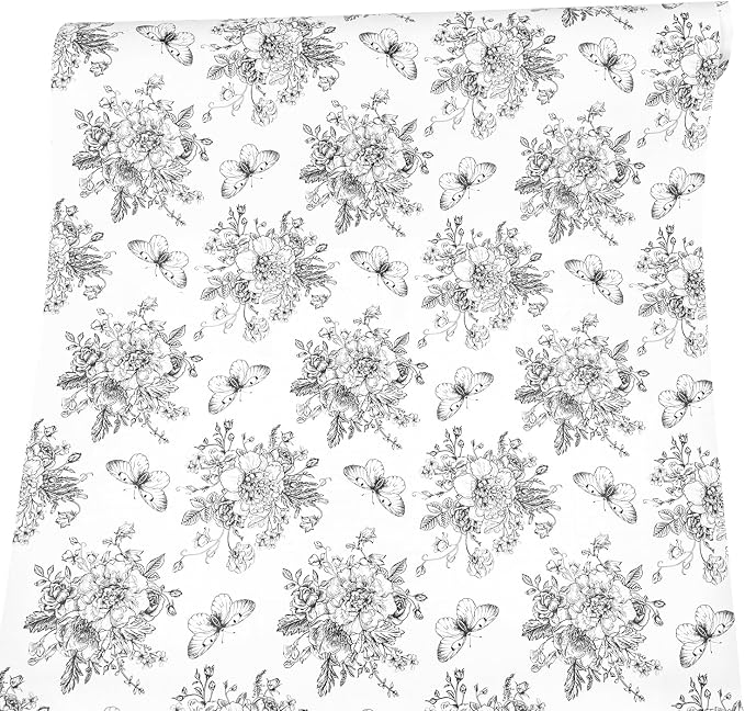Easy Apply Shelf Liner Removable Furniture Paper Decorative Workspace Organizers Sofa Tables, Black-White Peony Butterfly, 17.7 Inch by 9.8 Feet