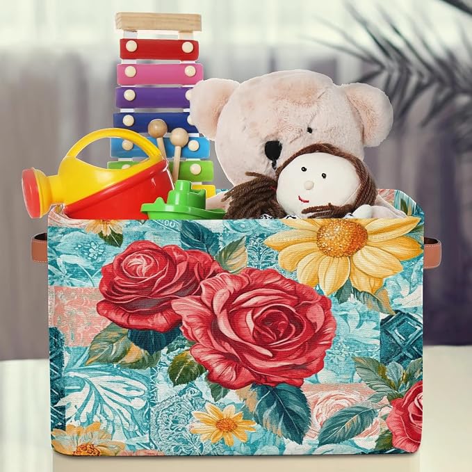 Teal Rose Floral Storage Baskets with Handles Fabric Storage Boxes Collapsible Nursery Basket for Shelf Book Cloth 15 X 11 X 9.5 IN Closet Organizer Bins