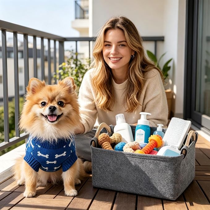 Toy Basket for Dogs Felt Cute Foldable Organizer with Wooden Handle | Pet Toy Basket for Kids Blankets Collars Leashes Indoor Outdoor Home Garage Dorm Traveling Laundry Room