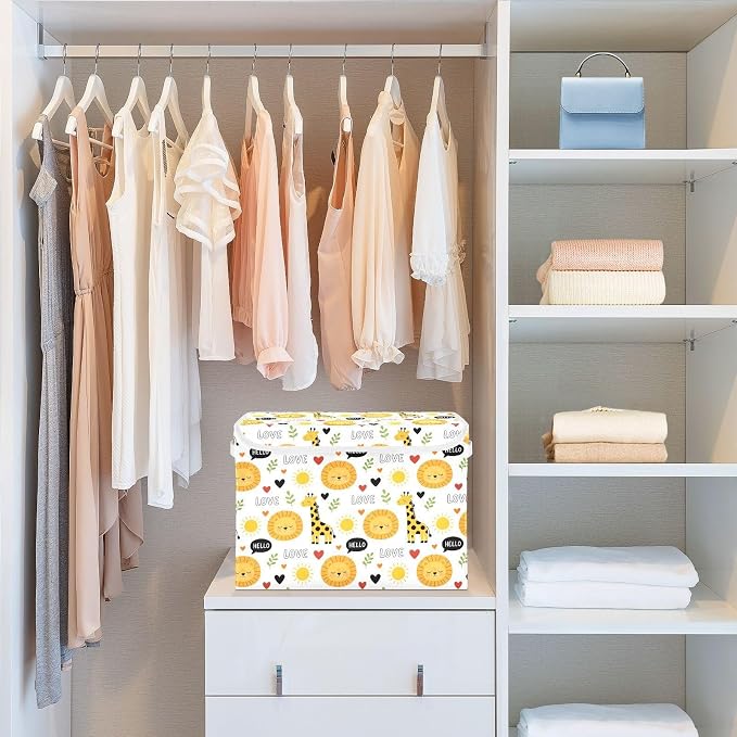 Storage Bins with Lid Giraffe Lion Foldable Storage Boxes 40L Baskets | Decorative Storage Boxes, 300D Oxford Cloth, Hollow Board Frame, Flip Top Velcro Lid, 16.5x12.6x11.8 inch, Collapsible Design