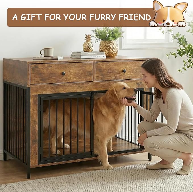 PUKAMI Large Dog Crate Furniture with 2 Drawers, 44 Inch Wooden Dog Kennel Indoor, Crate Furniture as Decorative End Table, Cage Furniture for Small Medium Large Dogs (New Brown, 2-Pack Set)